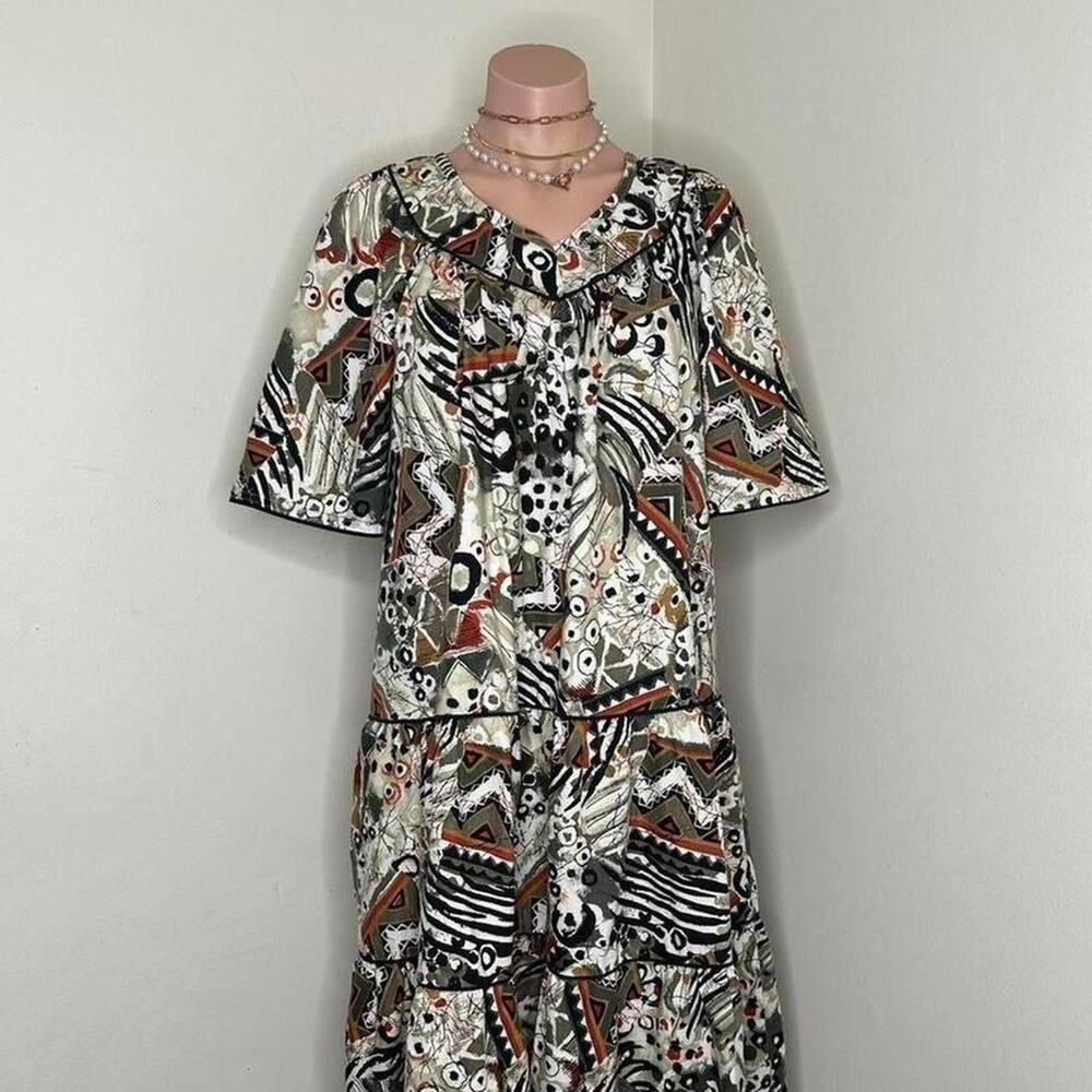 80s 90s Womens Dress Medium Midi A-Line Vintage Boho Summer Maximalist Indie